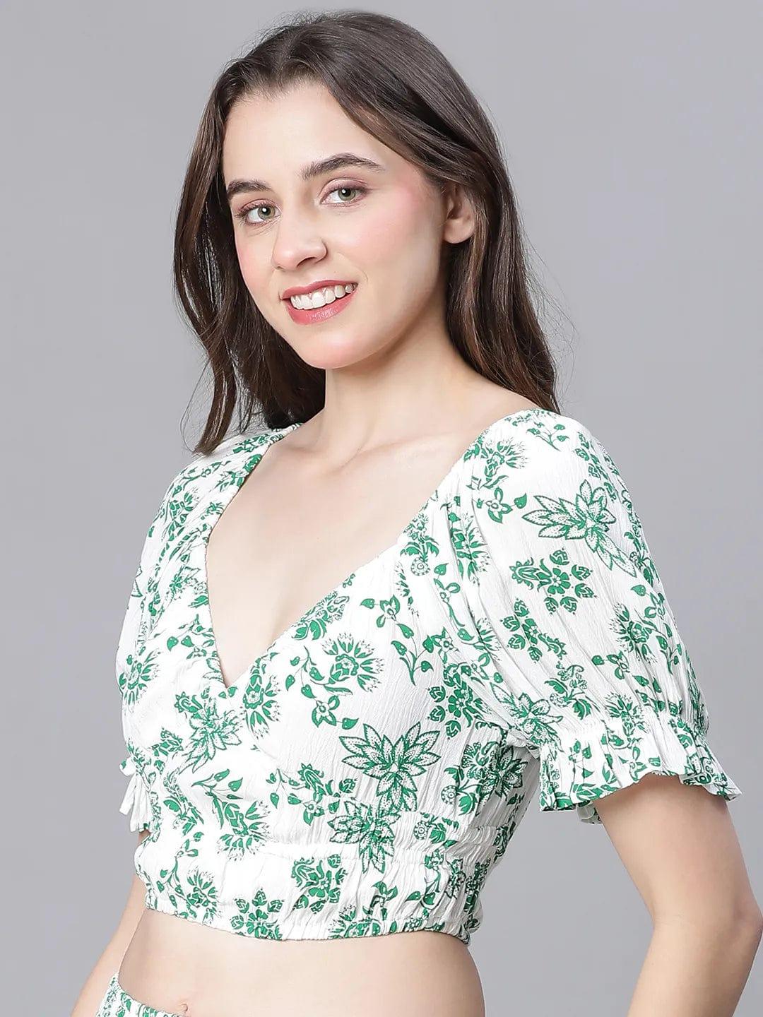Green Floral Print V-Neck Elasticated Nightwear Crop Women Top - Image 3