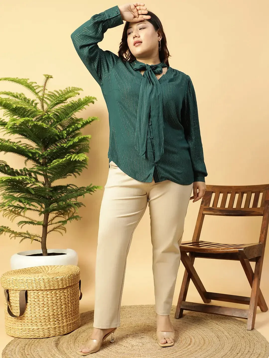 Green Lurex rayon solid V- Neck With Tie-knot Belt Long Sleeve Plus Size Women Top - Image 2
