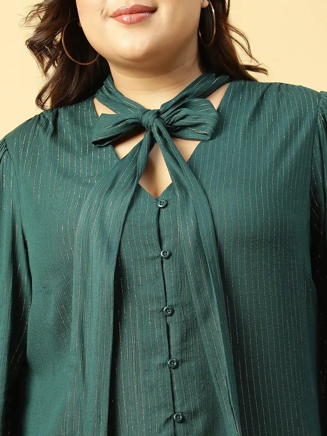 Green Lurex rayon solid V- Neck With Tie-knot Belt Long Sleeve Plus Size Women Top - Image 6