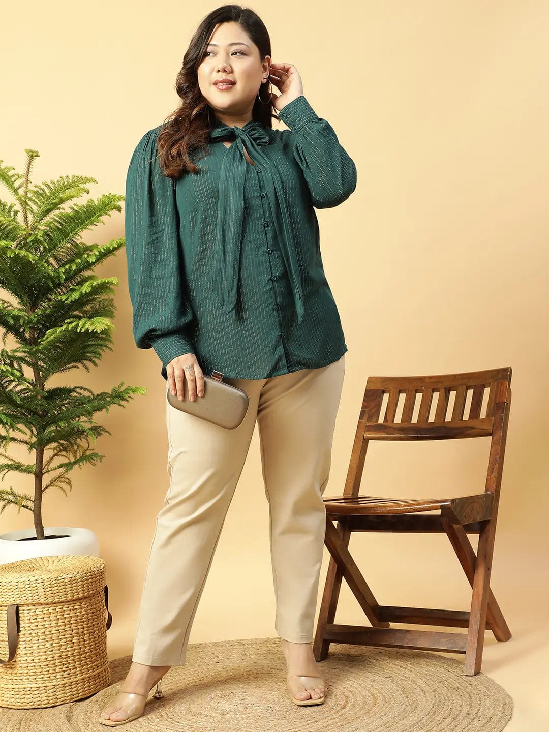 Green Lurex rayon solid V- Neck With Tie-knot Belt Long Sleeve Plus Size Women Top - Image 8