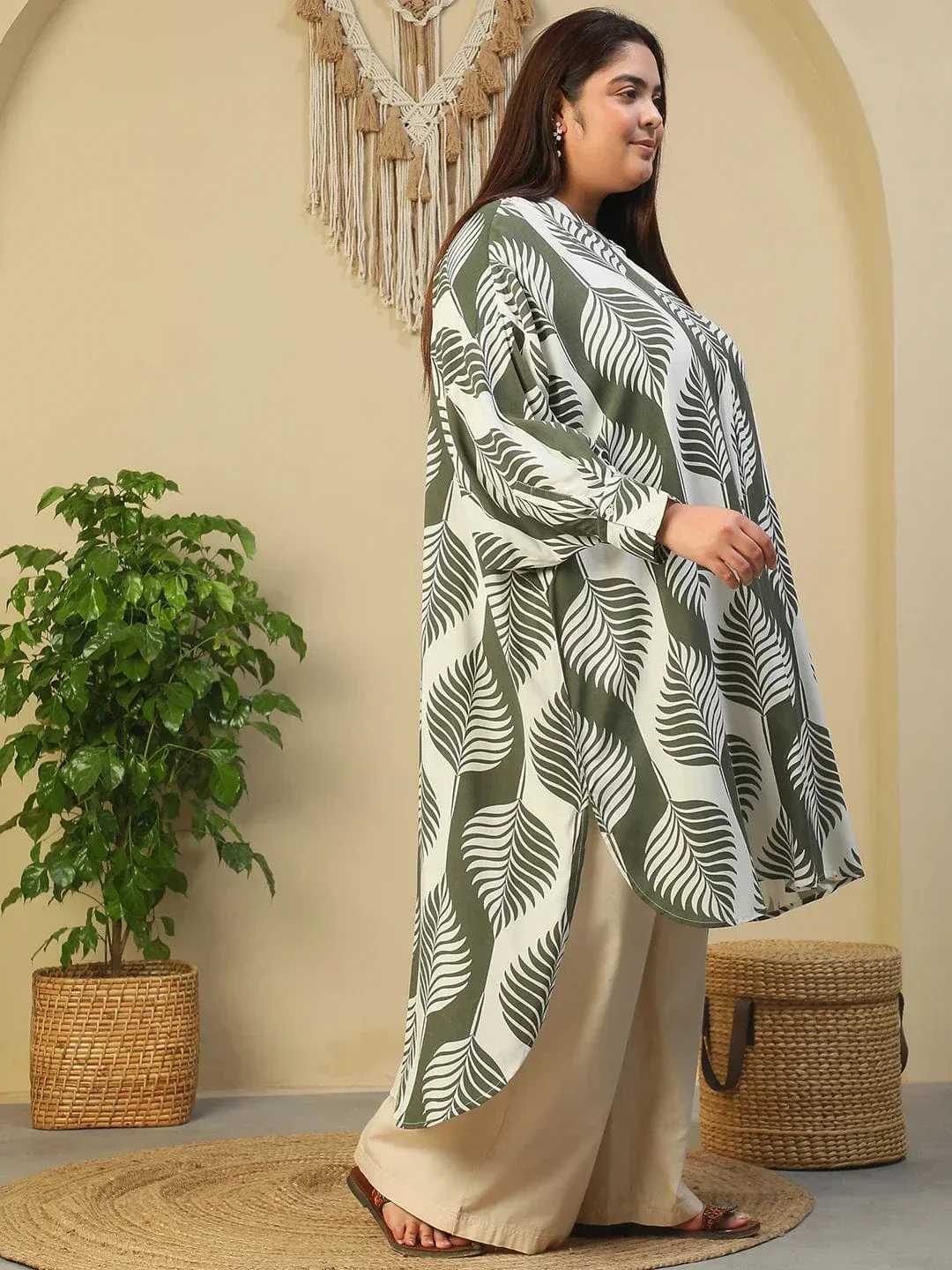 Green Round Neck With Button Placket Rayon Tropical Print Long Sleeve High Low Plus Size Women Tunic - Image 4