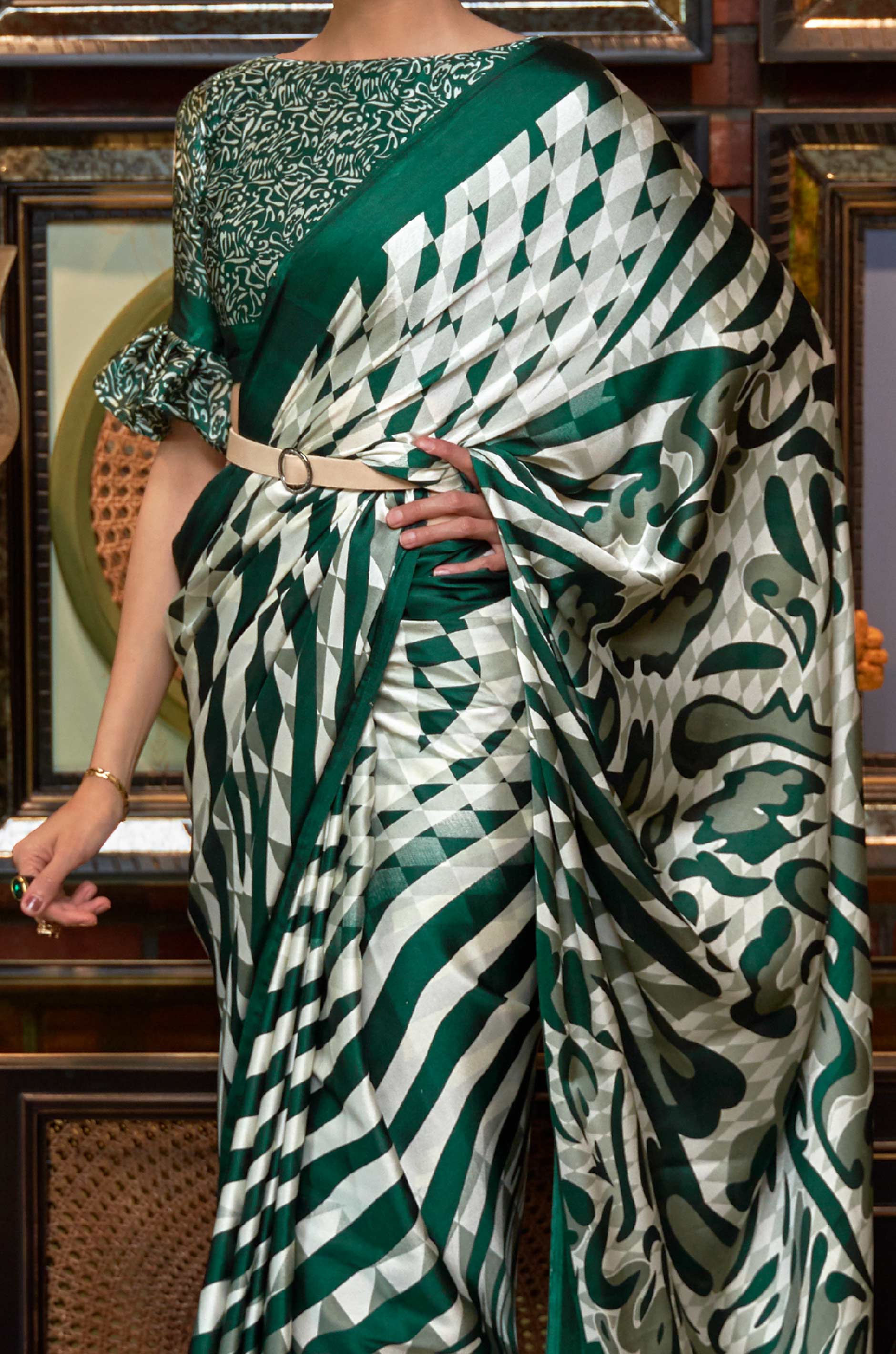 Green Satin Crepe Saree - Image 3