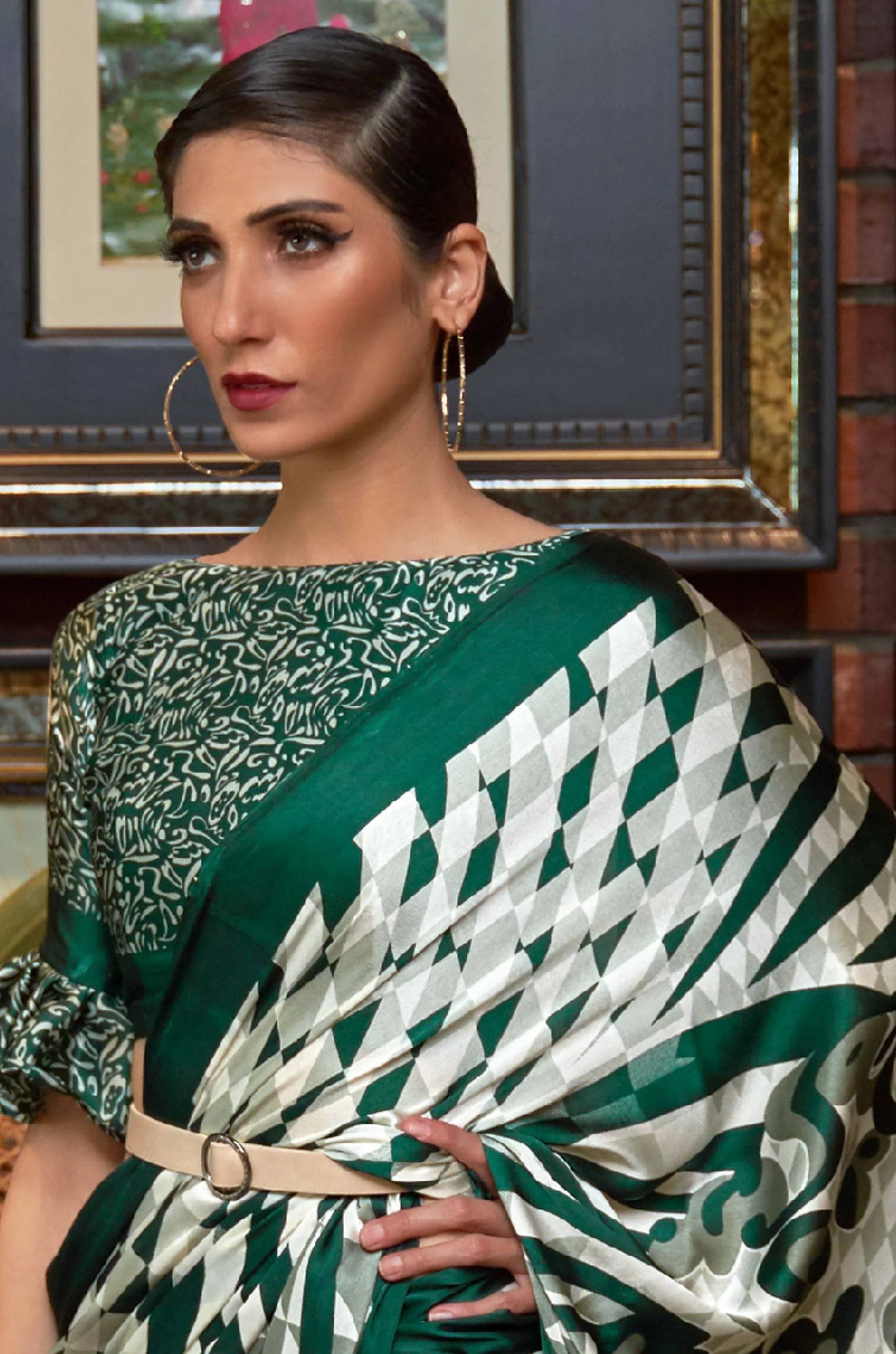 Green Satin Crepe Saree - Image 4