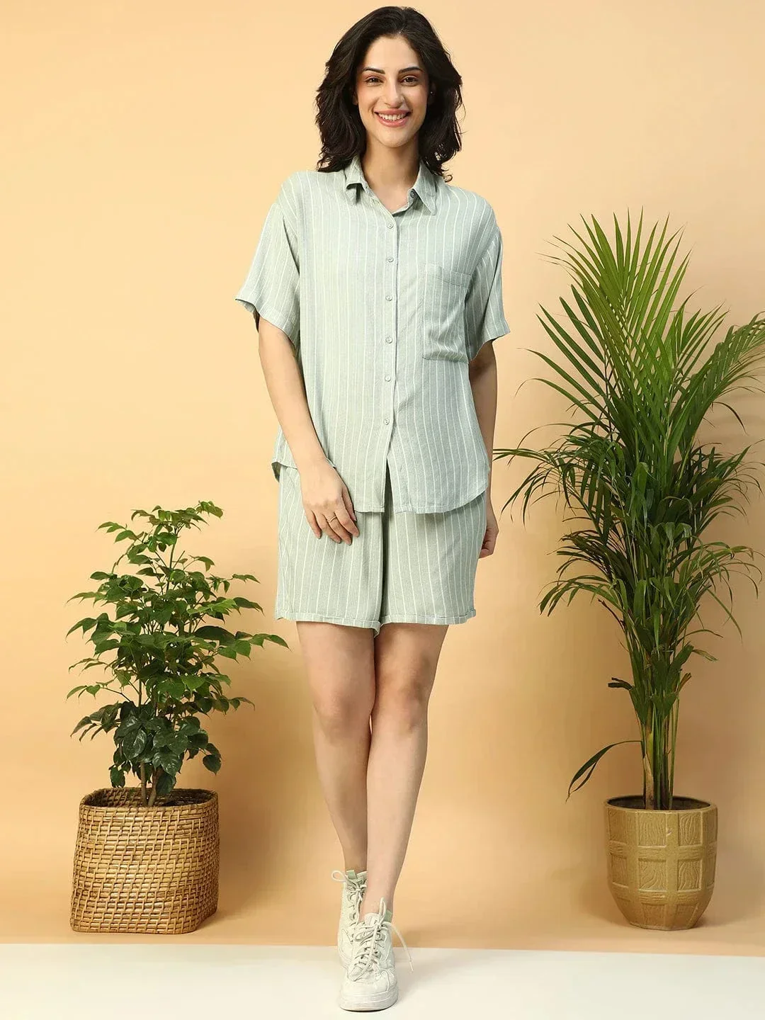 Green Stripe Print Collared Shirt With Elasticated Shorts Women Co-ord Set