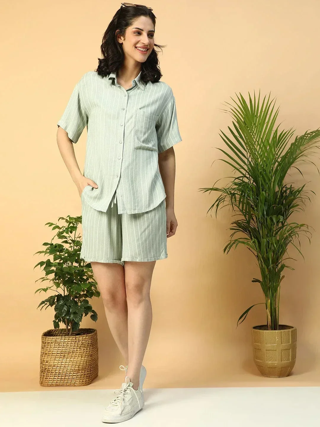 Green Stripe Print Collared Shirt With Elasticated Shorts Women Co-ord Set - Image 6