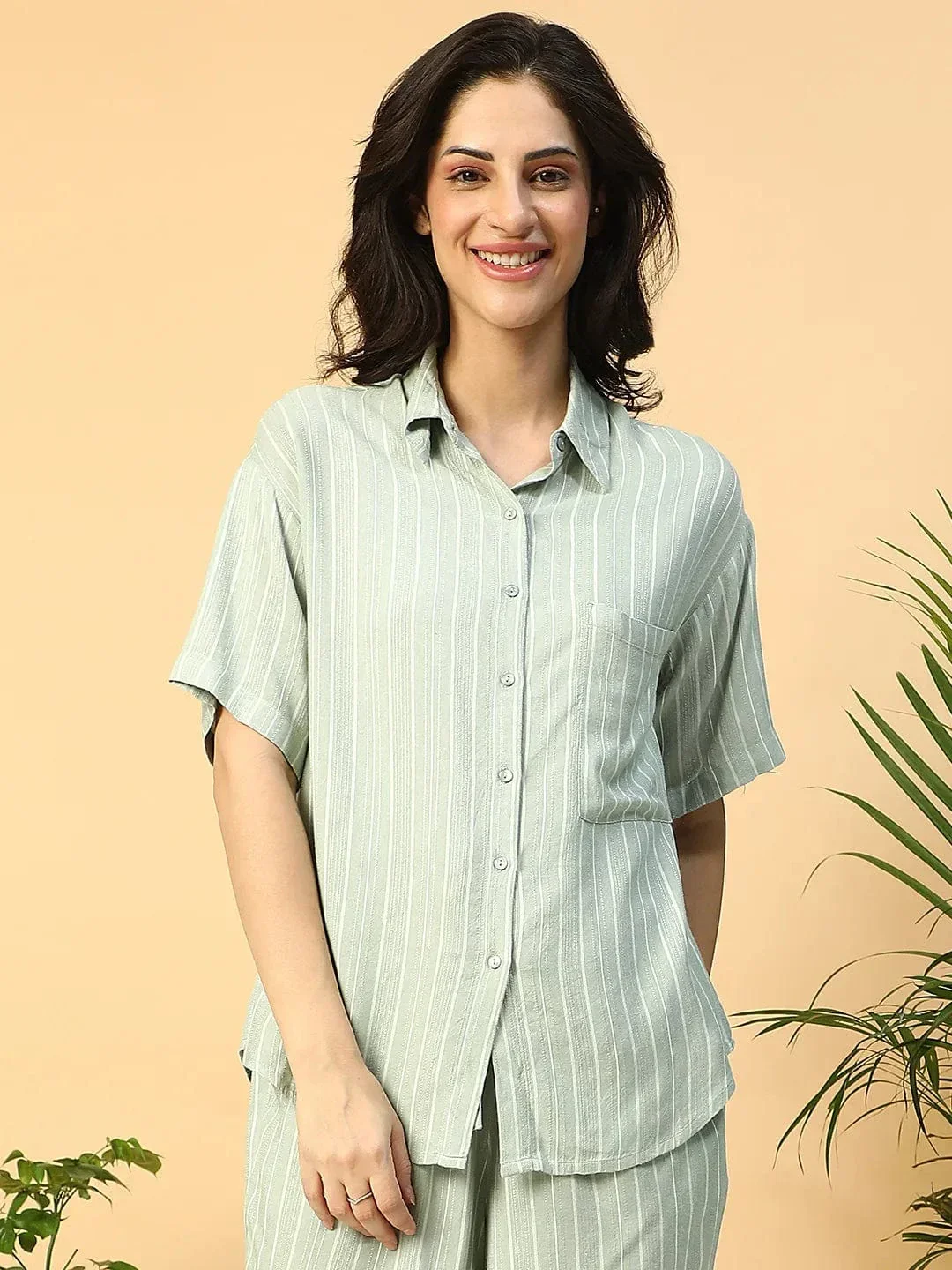 Green Stripe Print Short Sleeve Collared Rayon Dobby Women Shirt