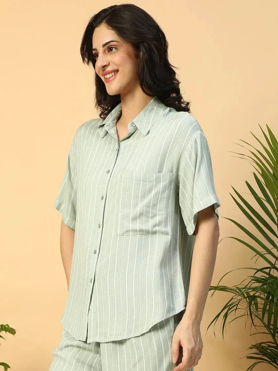 Green Stripe Print Short Sleeve Collared Rayon Dobby Women Shirt - Image 3