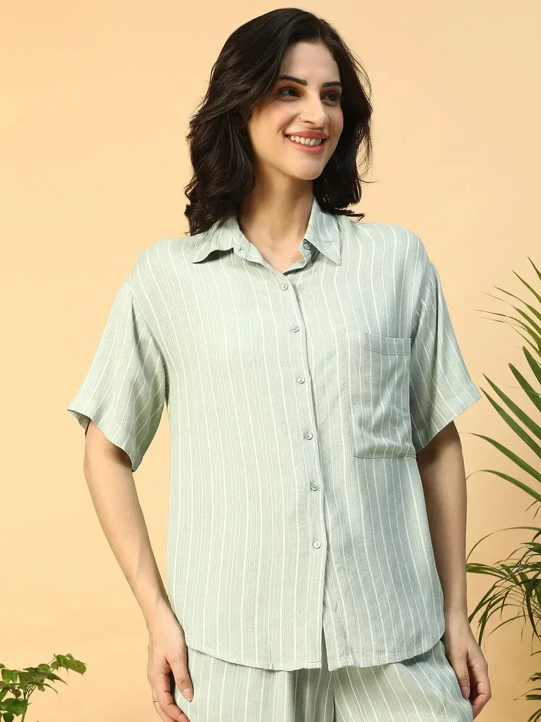 Green Stripe Print Short Sleeve Collared Rayon Dobby Women Shirt - Image 4