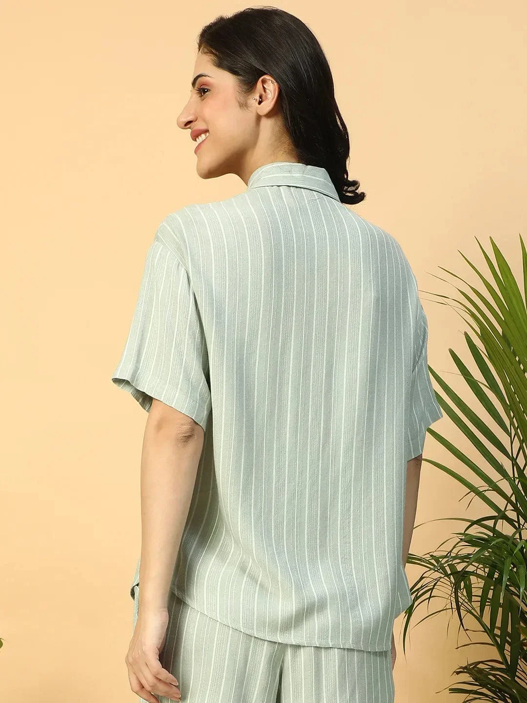Green Stripe Print Short Sleeve Collared Rayon Dobby Women Shirt - Image 5