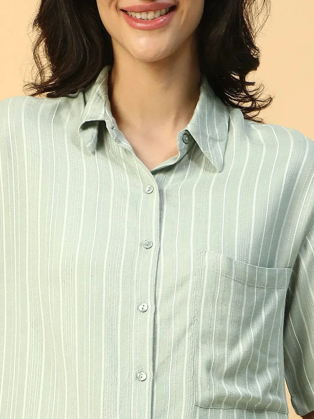 Green Stripe Print Short Sleeve Collared Rayon Dobby Women Shirt - Image 6