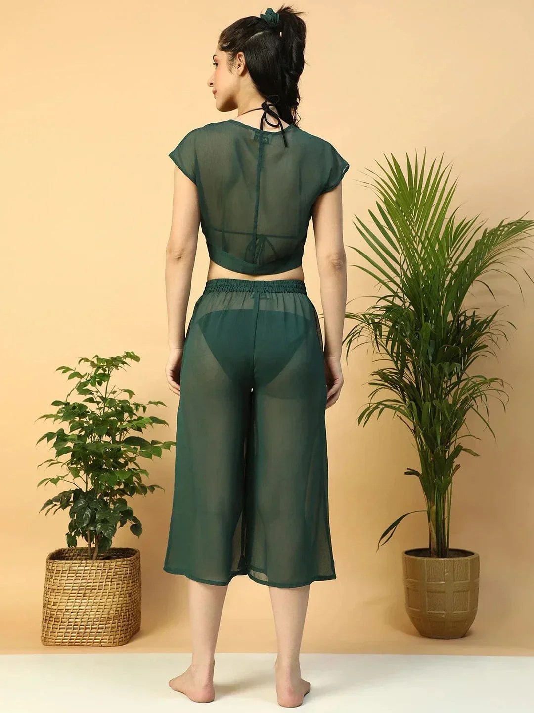Green Tie-Knot Top With Elasticated Culottes Women Beachwear Co-Ord Set - Image 4