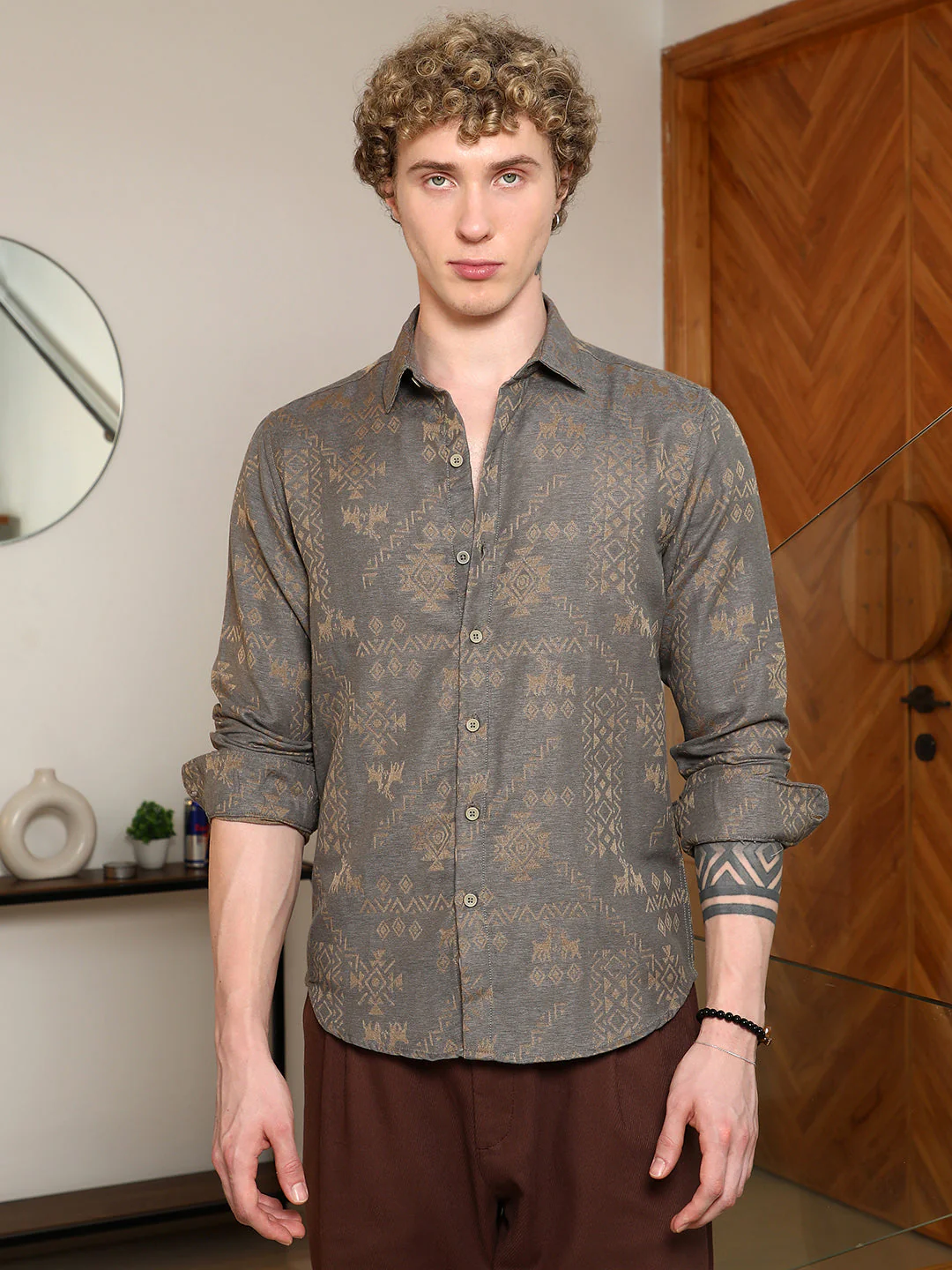 Grey Ethnic Motif Full Sleeve Shirt - Image 2