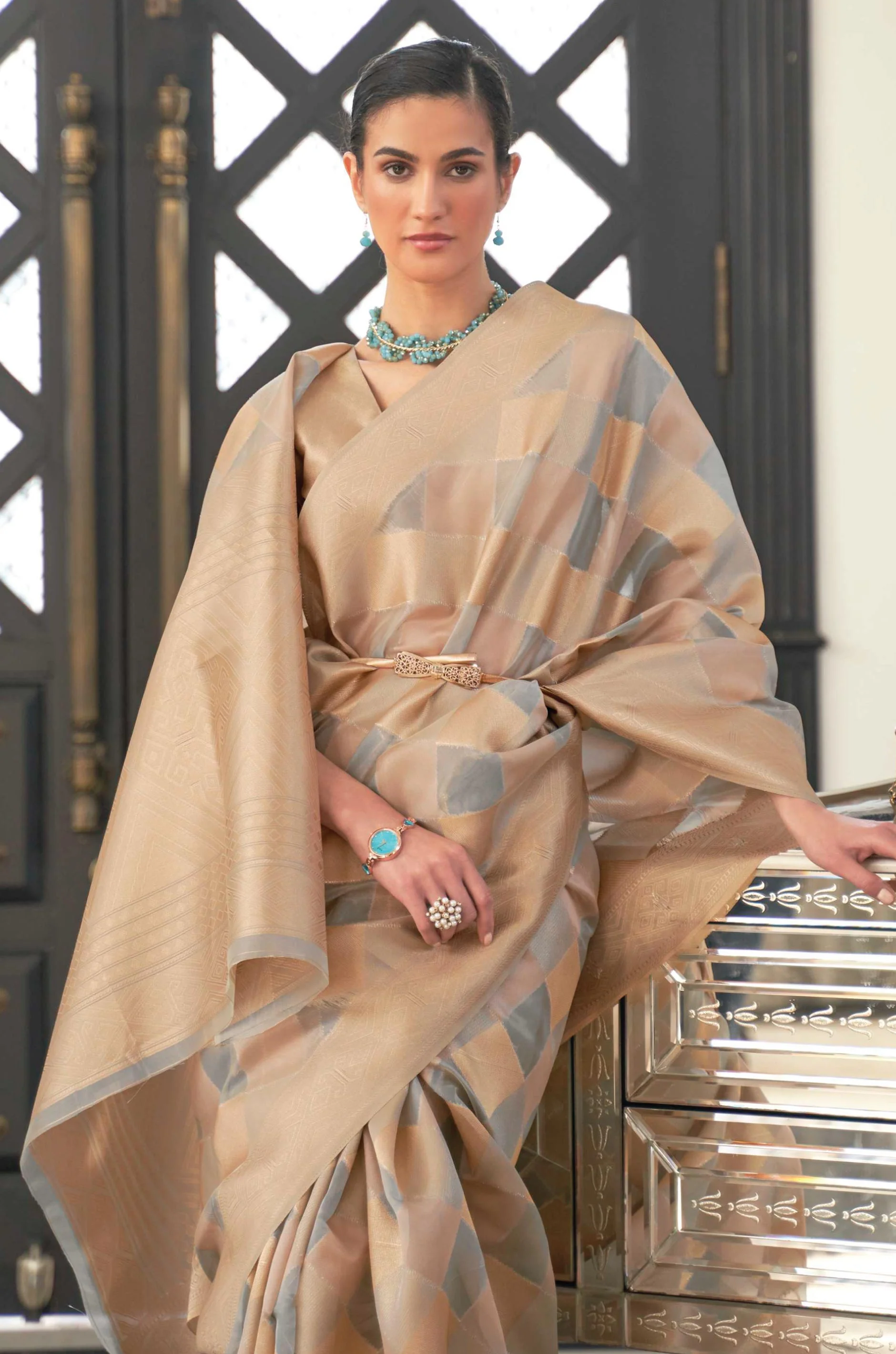 Grey Golden Woven Organza Saree - Image 5