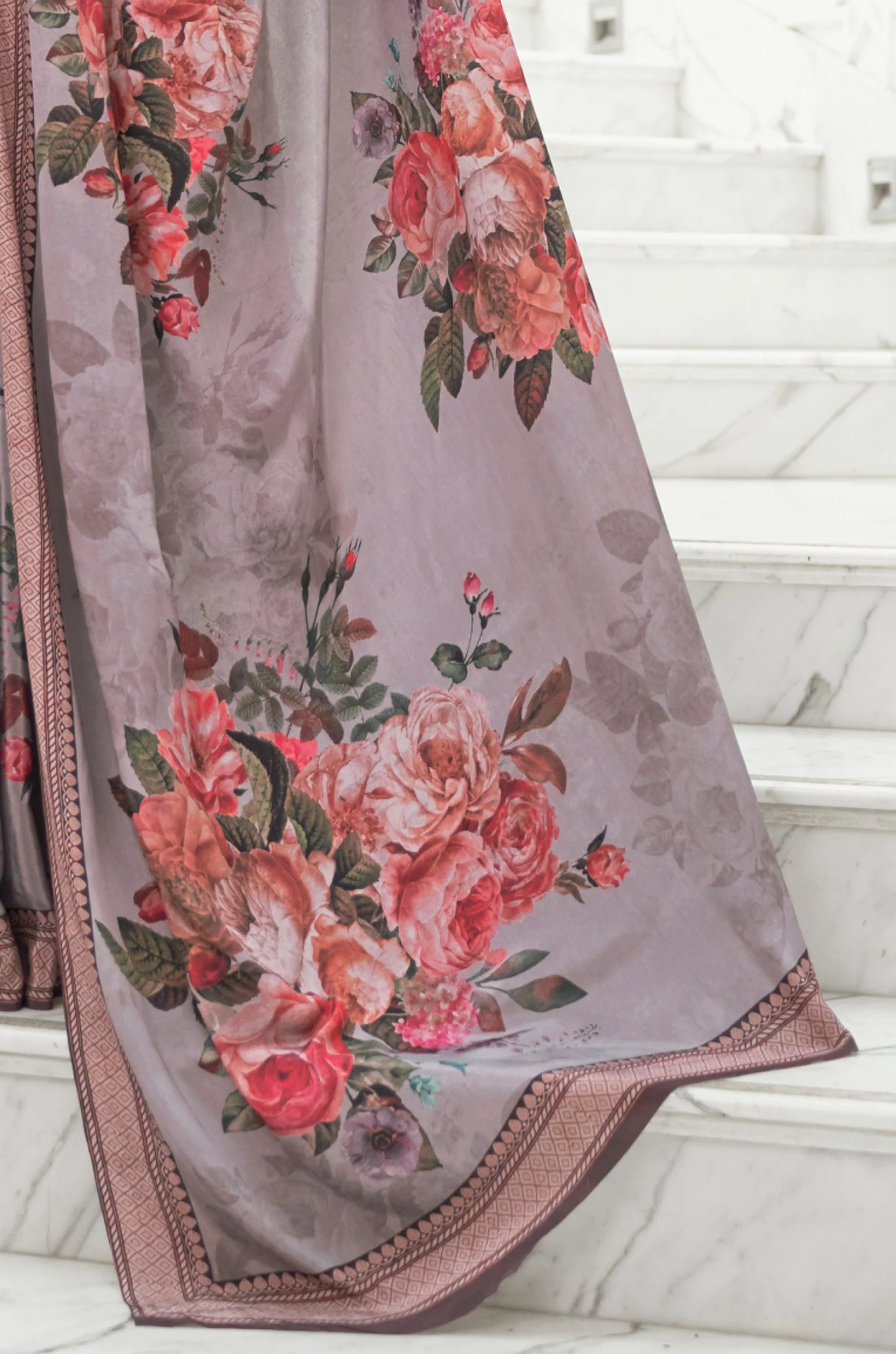 Grey Multicolour Satin Crepe Saree - Image 2