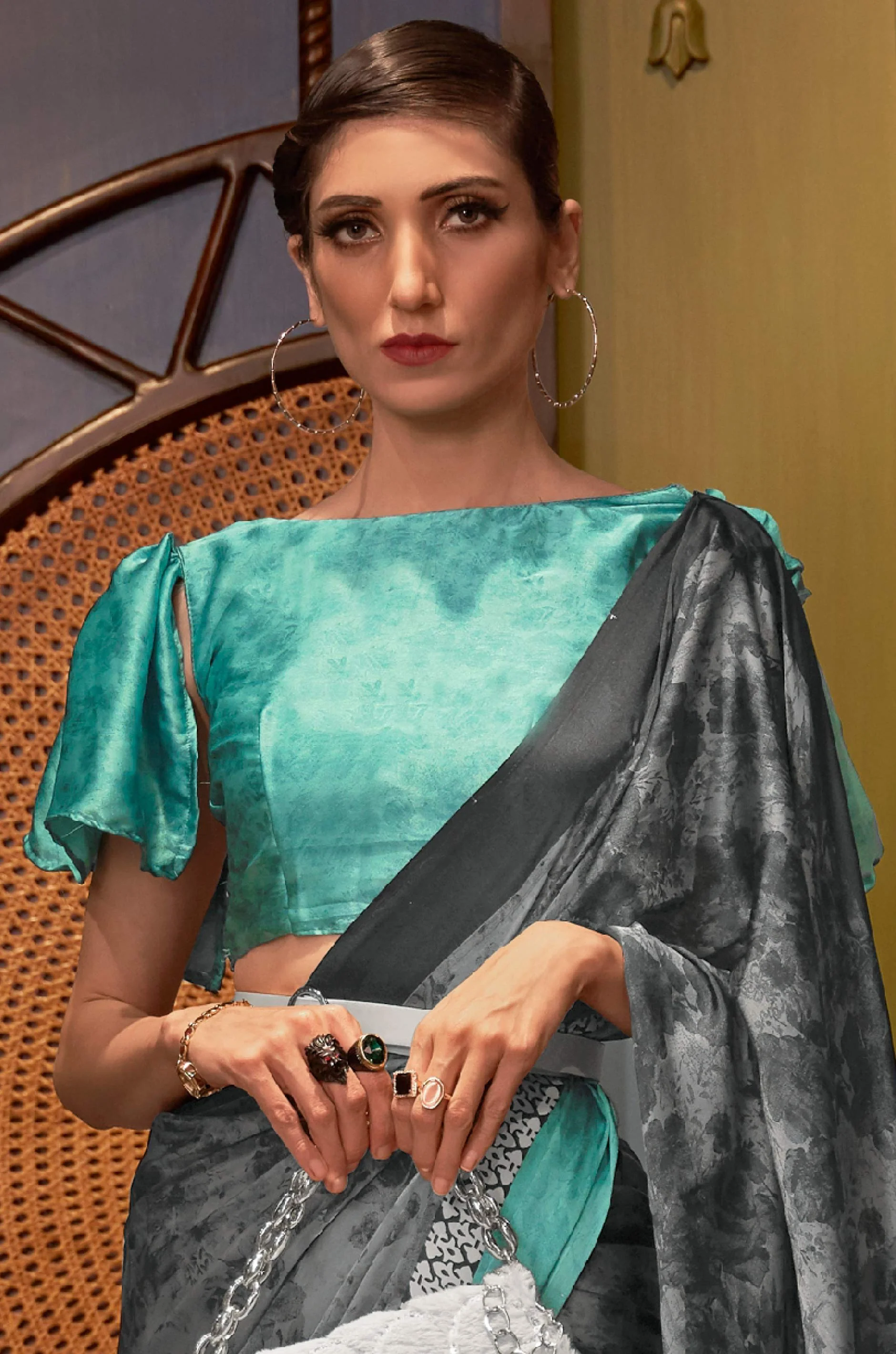 Grey Satin Crepe Saree - Image 4