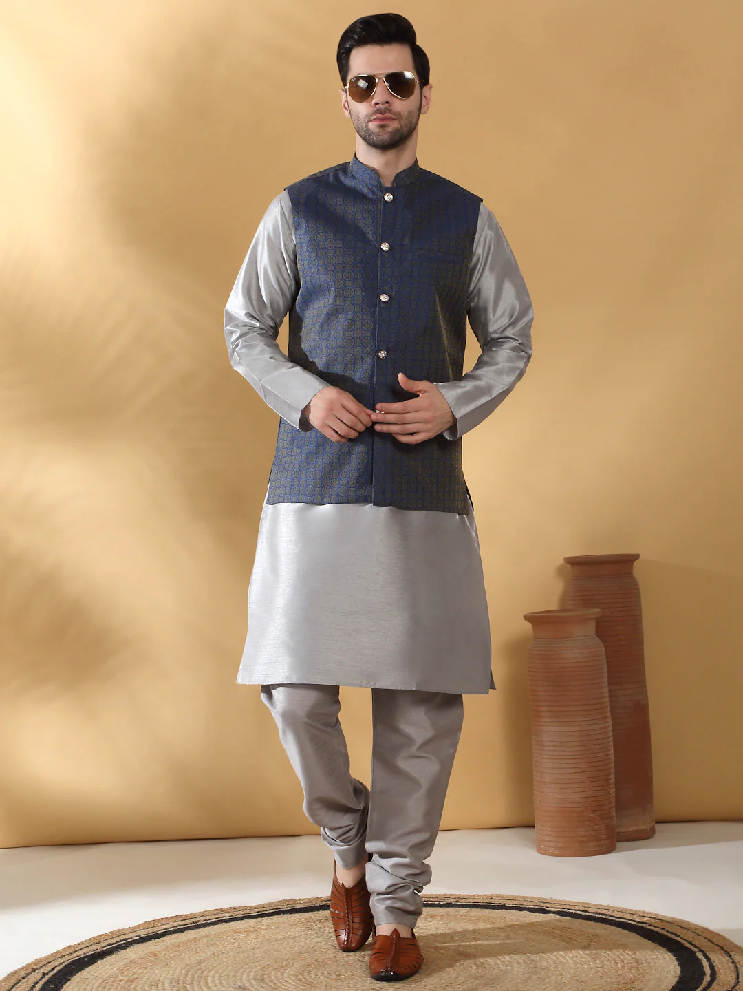Grey Silk Blend Kurta churidar with Jacquard Geometric Sleeveless Nehru Jacket set - Image 16