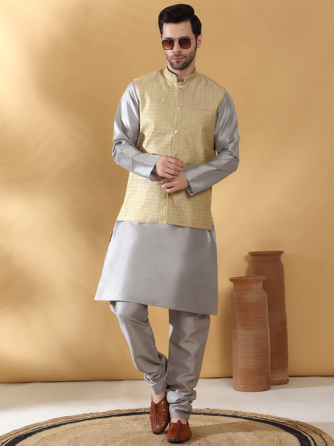 Grey Silk Blend Kurta churidar with Jacquard Geometric Sleeveless Nehru Jacket set - Image 28