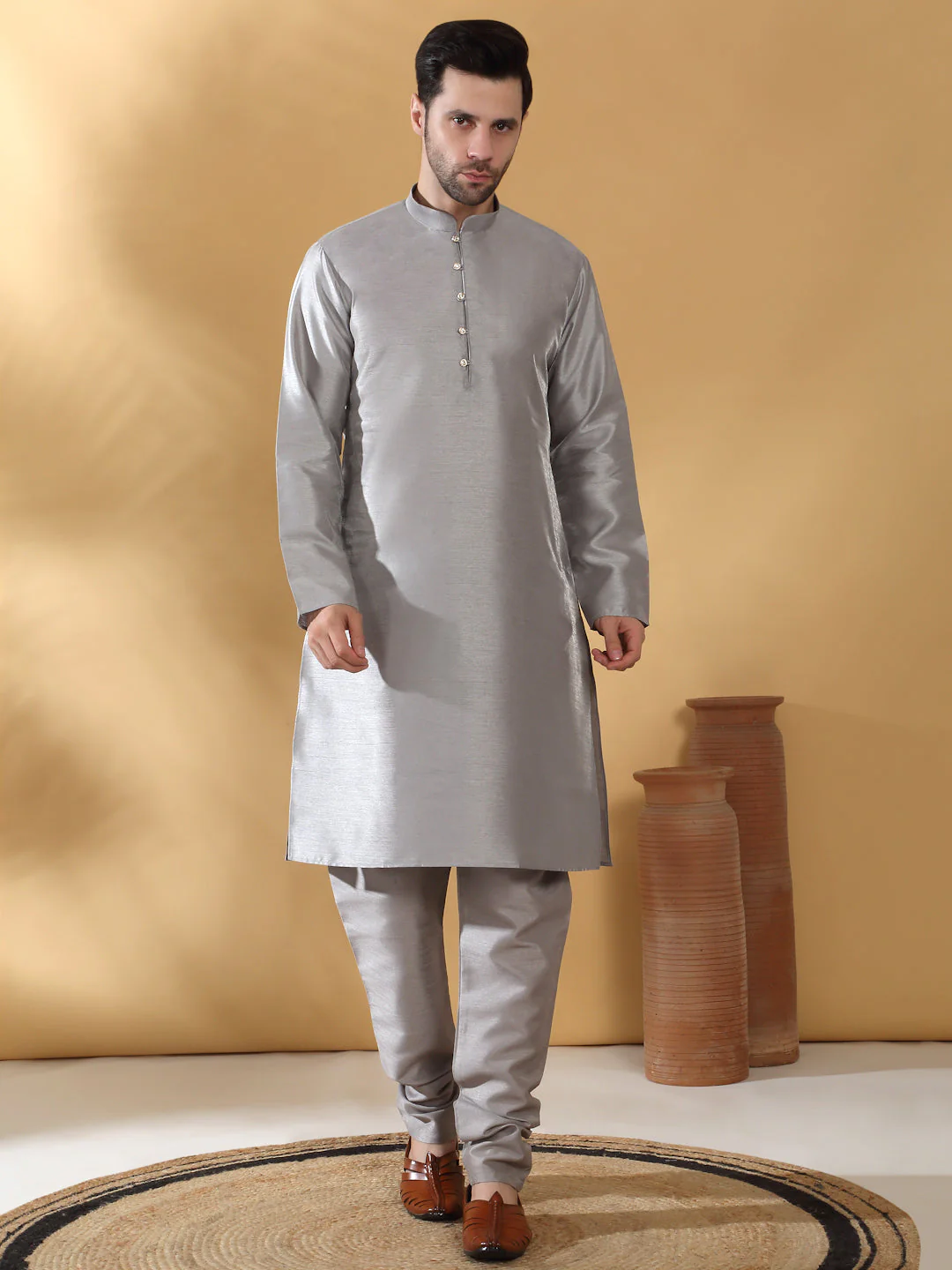 Grey Silk Blend Kurta churidar with Jacquard Geometric Sleeveless Nehru Jacket set - Image 9