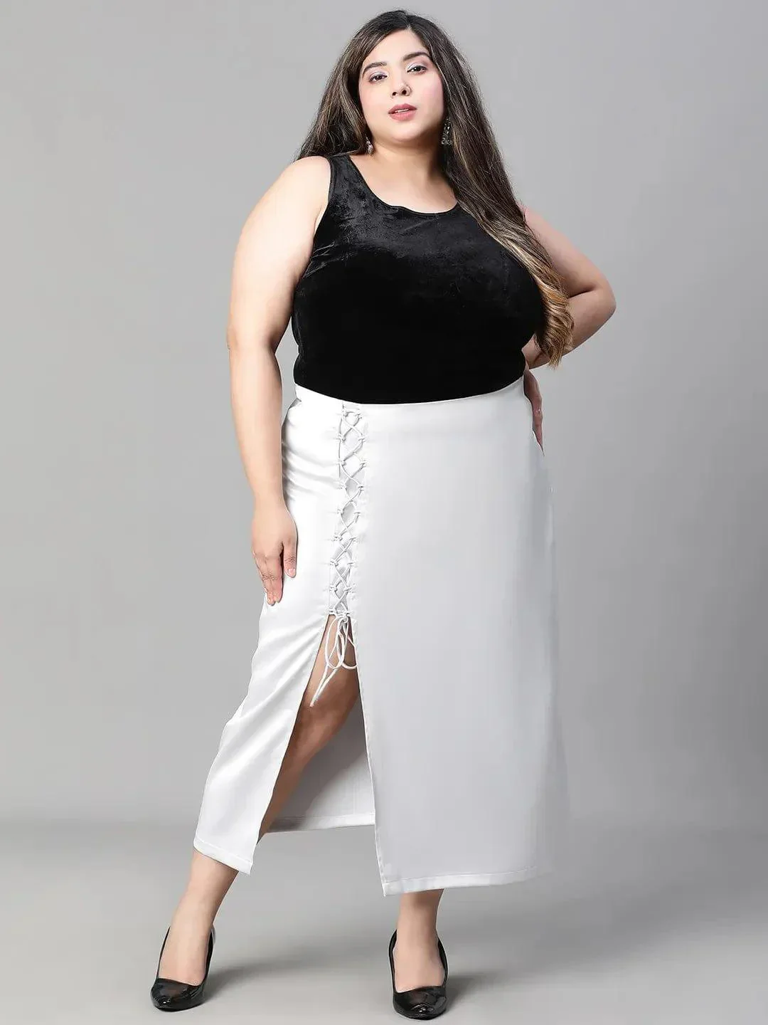 Grey Zig-Zag Detailed Slit Cut Satin Plus Size Skirt - Image 2