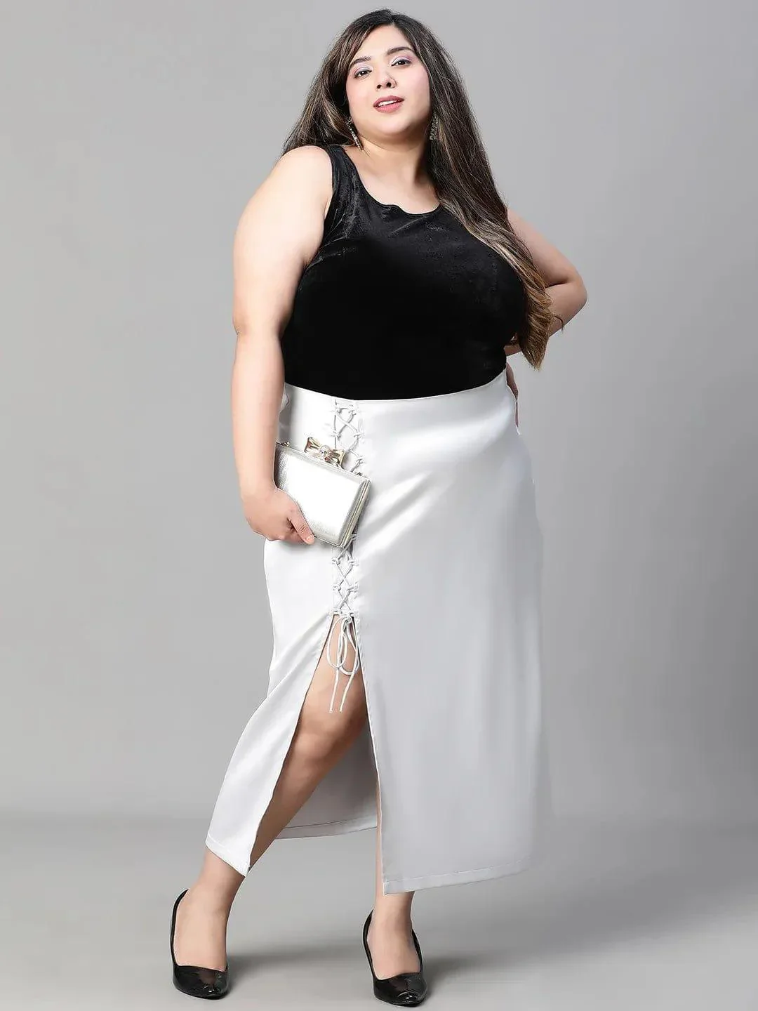 Grey Zig-Zag Detailed Slit Cut Satin Plus Size Skirt - Image 7