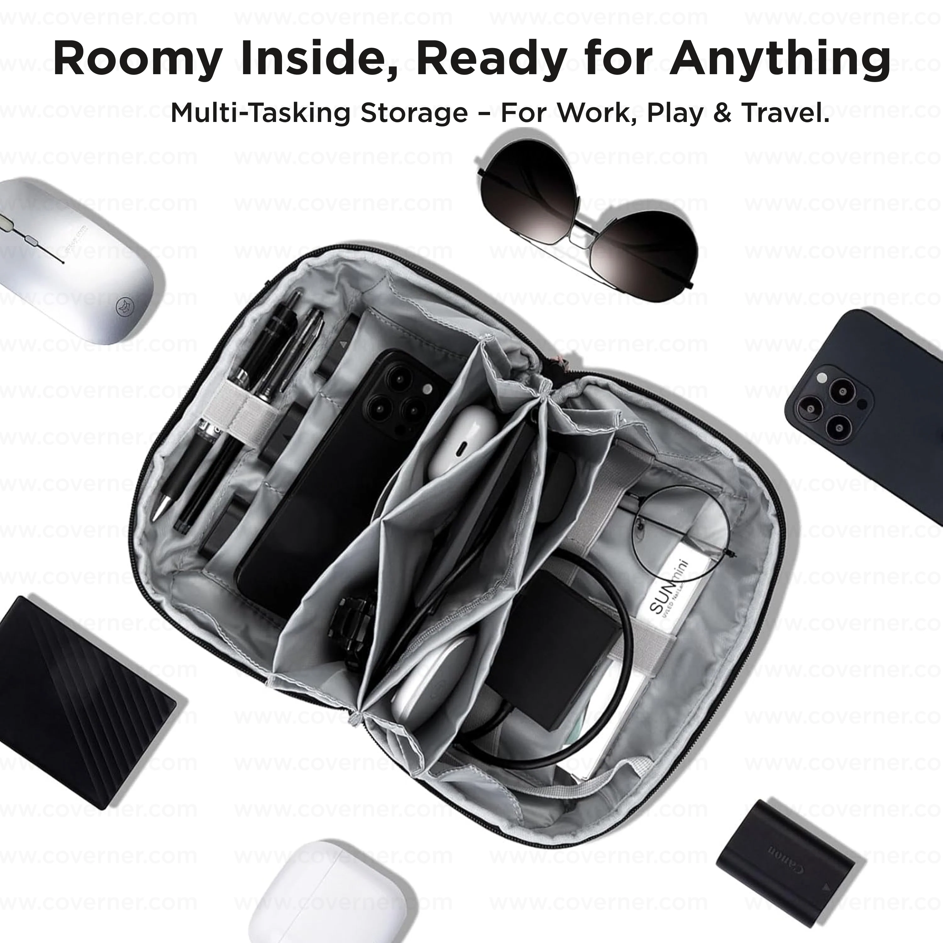 GridNest 180° Travel Tech Pouch – Large Electronics Accessories Organizer Bag | Coverner India - Image 5