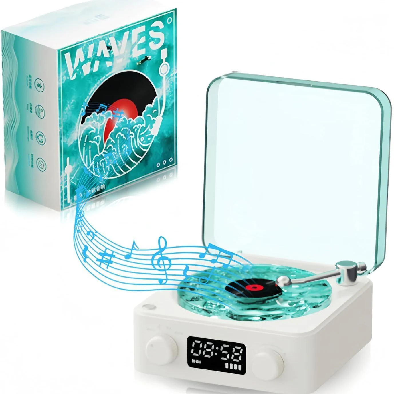 Groovix: Retro-Style Vinyl Bluetooth Speaker with Ambient Light & Digital Clock, Waves-Inspired Wireless Audio for Bedroom, Office & Party Décor