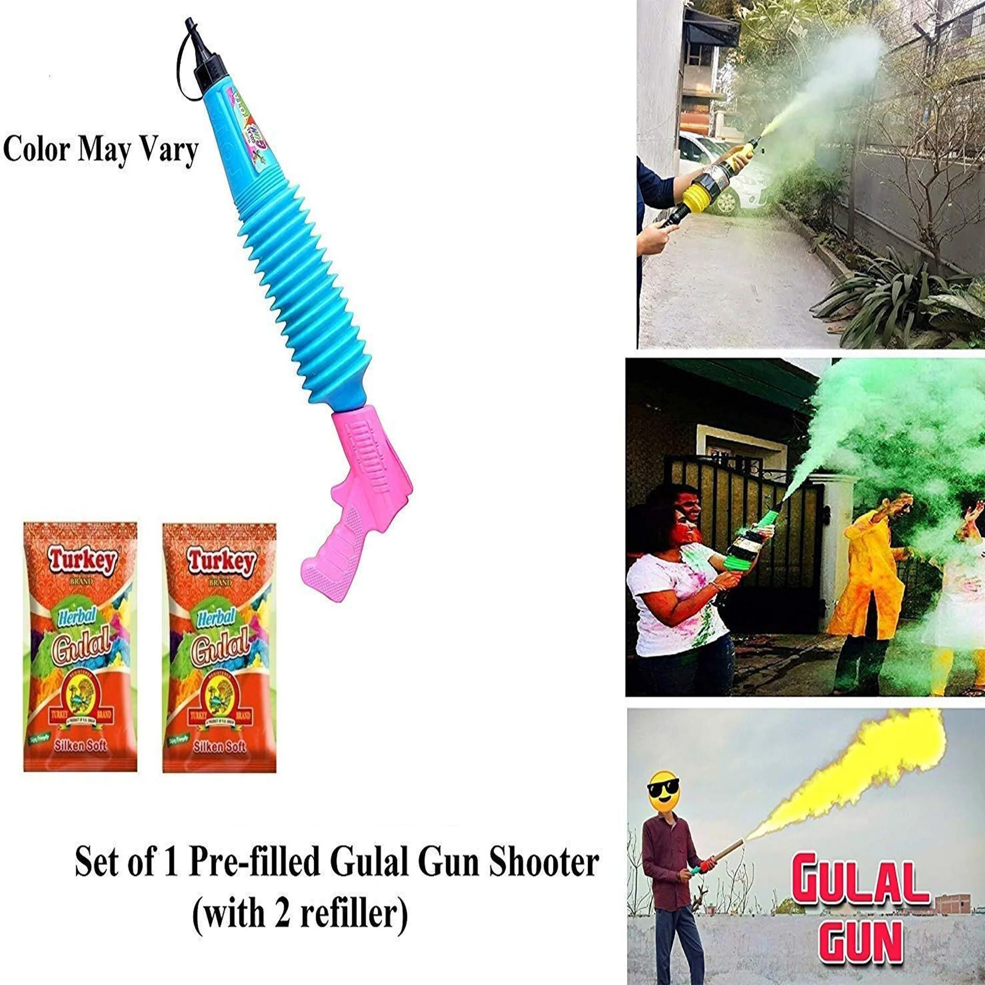 Gun for Holi - Sprays Dry Colors in Air | Natural and Herbal Holi Kit for Kids Festivals and Holi Celebrations - 1 Refillable Pichkari and 2 Packets of Gulal Colors - Image 5