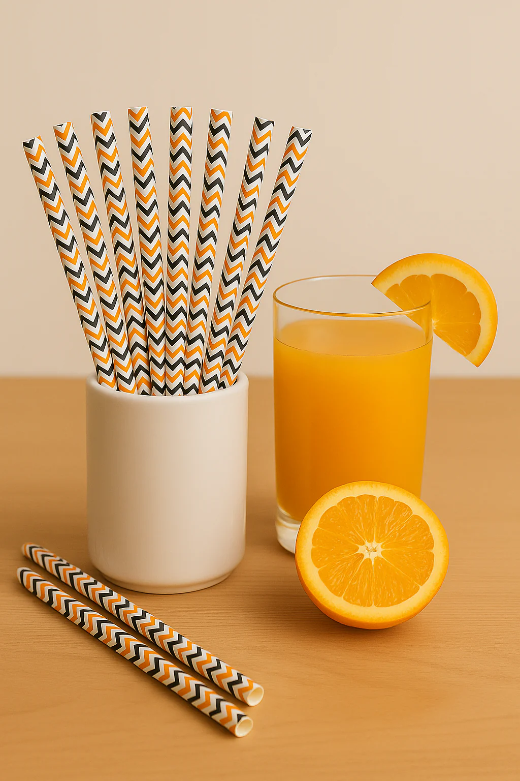 Halloween Chevron Paper Straws – 50 Pcs – White with Orange & Black Zigzag Print - Image 2