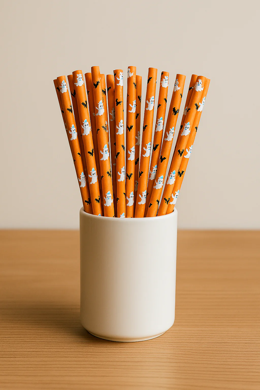 Halloween Paper Straws - 50pcs - Orange Ghost & Bat Print – Eco-Friendly - Image 3