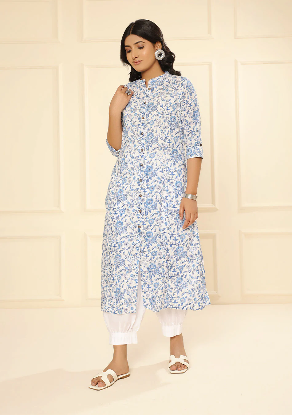 Hand Block White Blue Floral Print Kurta - Image 3