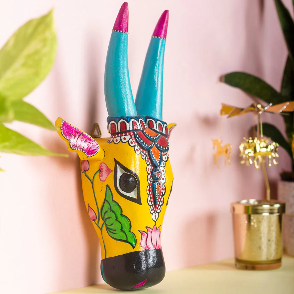Handcrafted Wooden Nandi Bull Head Wall Decor (Yellow) - Image 2