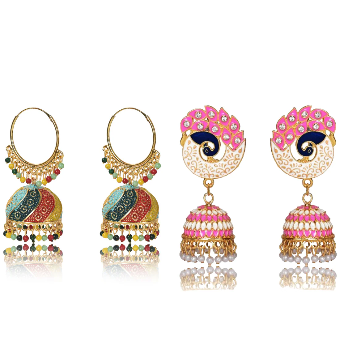 Handmade Alloy Dome Shaped Jhumka Earrings, Ethnic Jhumki Collection For Women And Girls (Combo), Multicolur-Pink