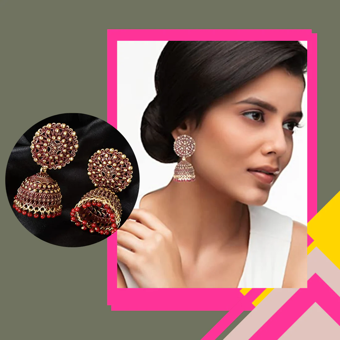 Handmade Alloy Dome Shaped Jhumka Earrings, Traditional Designer Jhumki For Women And Girls (Combo), Green-Maroon - Image 4