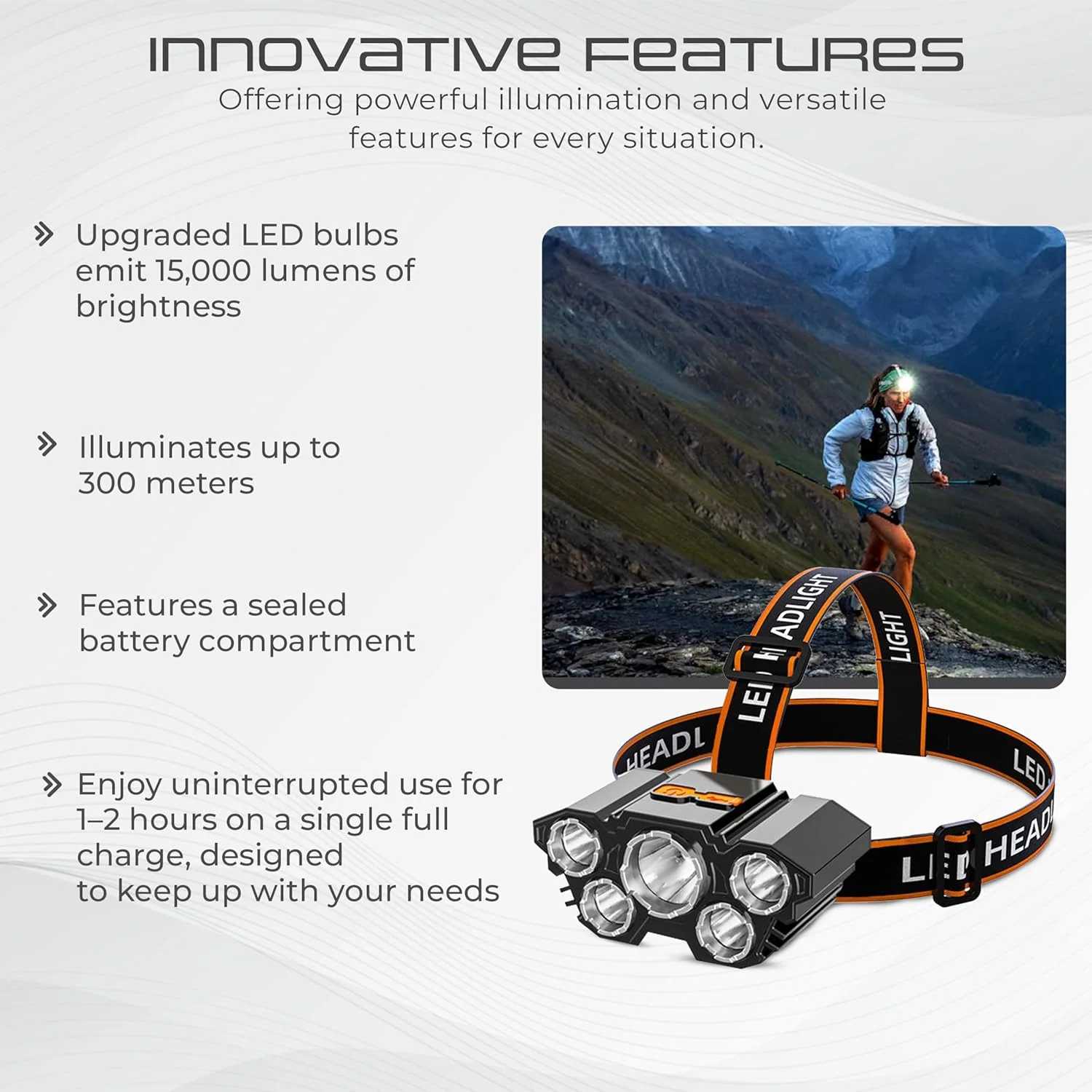 HeadWay: Rechargeable LED Headlamp, 15,000 Lumens Brightness with Adjustable Elastic Band, USB Charging & Waterproof Design for Adventures, Camping & DIY Work - Image 4