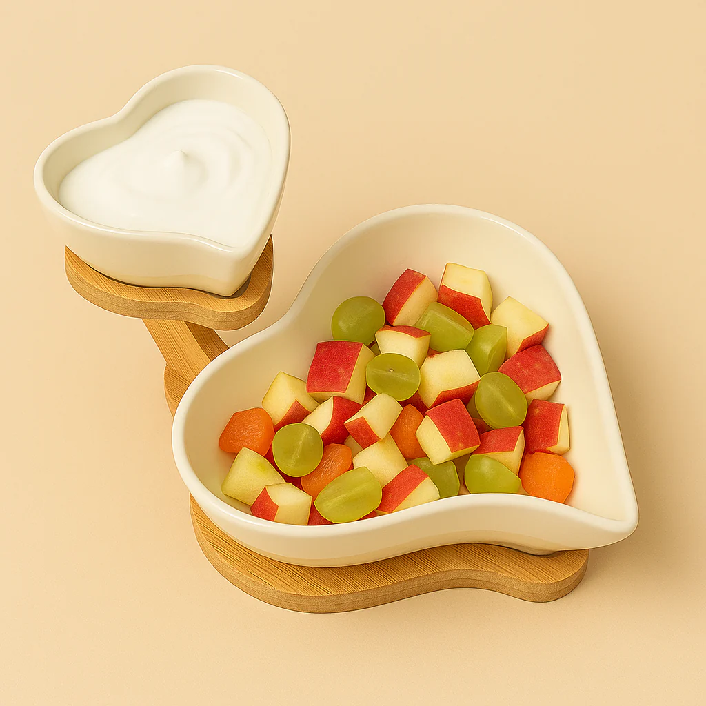 Heart Shaped Ceramic Bowl Set with Wooden Stand - Image 3