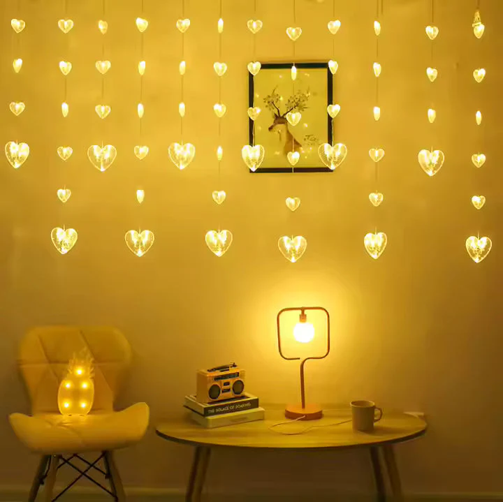 Heart-Shaped LED Curtain Lights Hanging Curtain Fairy Lights For Home, Valentine’s, Christmas Decor 60 Hearts Led Series 1 set - Image 6