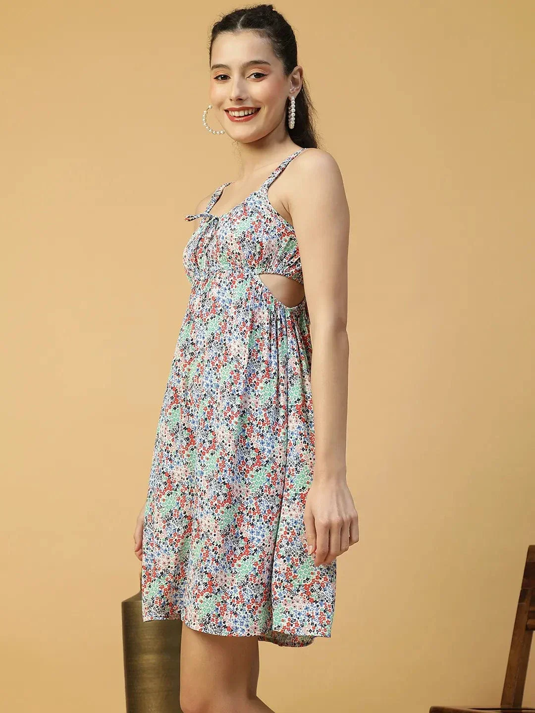 Heaven Blue Floral Print Elasticated Sleeveless Cut Out Women Dress - Image 3
