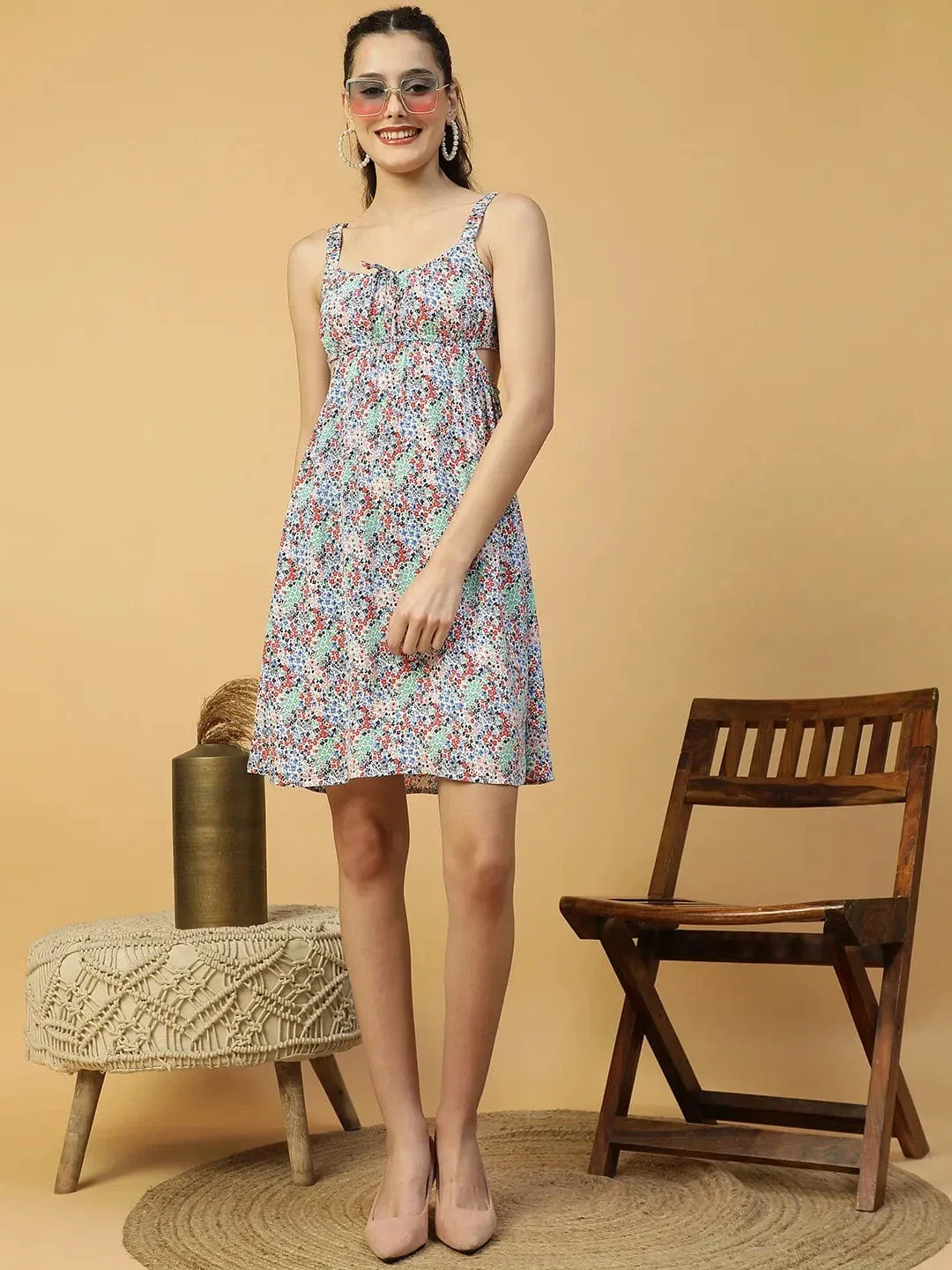 Heaven Blue Floral Print Elasticated Sleeveless Cut Out Women Dress - Image 8