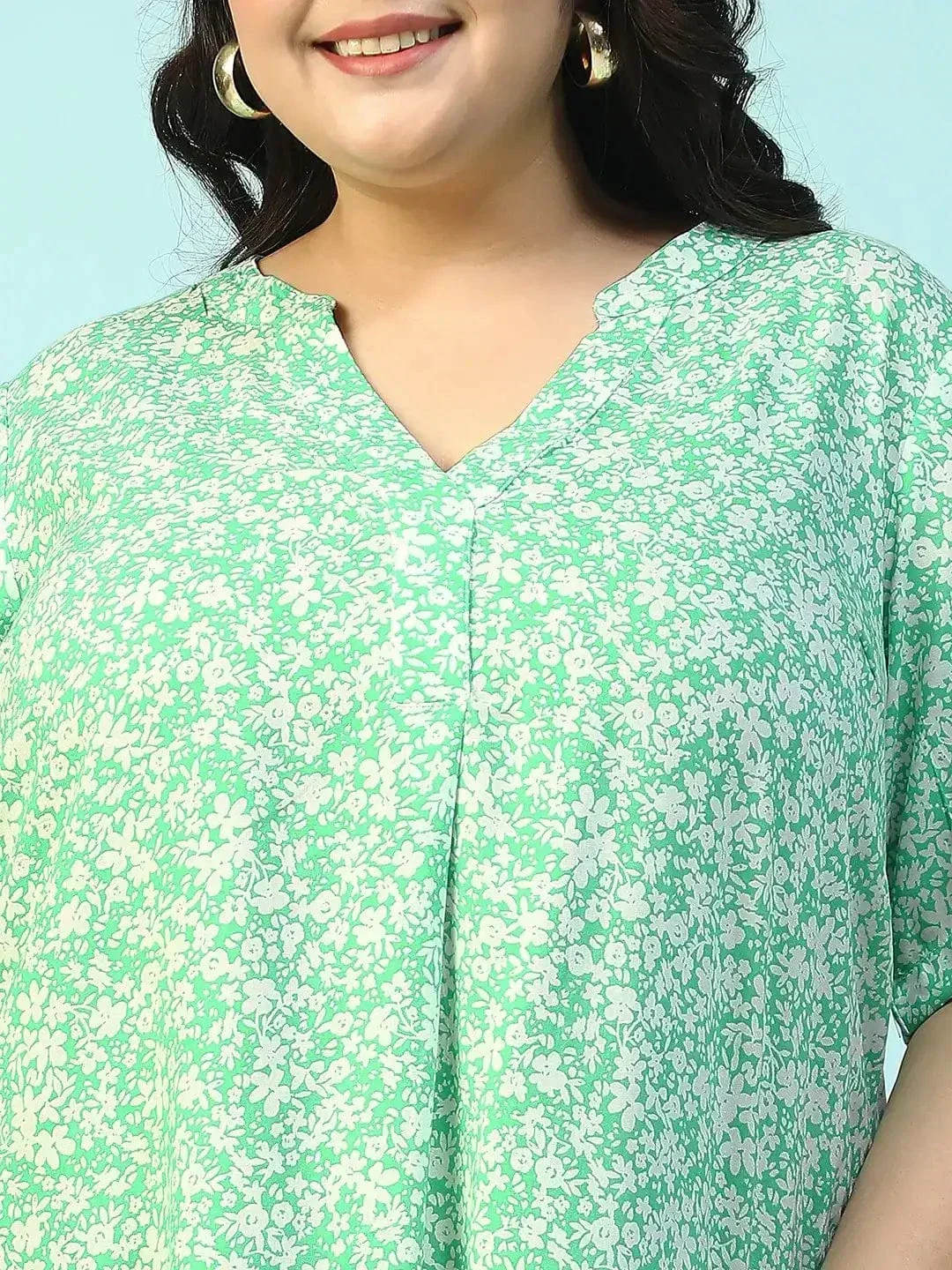 Heavenly Green Floral Print V- Neck Short Sleeve Plus Size Women Dress - Image 7