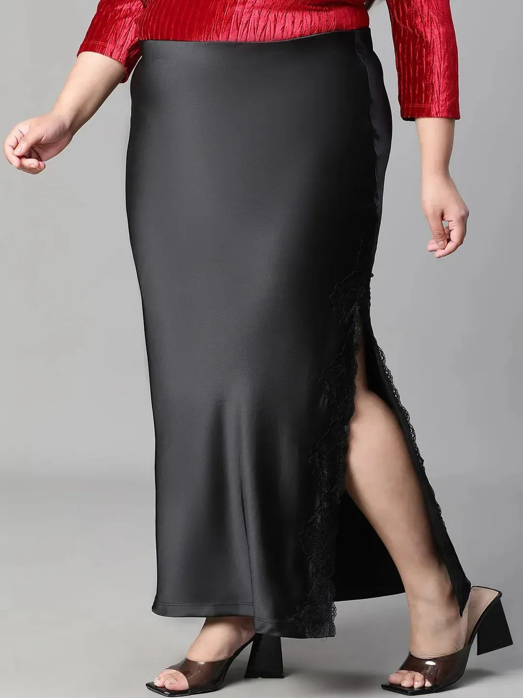 Heavy Black Elasticated With Slit Cut Plus Size Women Satin Skirt - Image 3