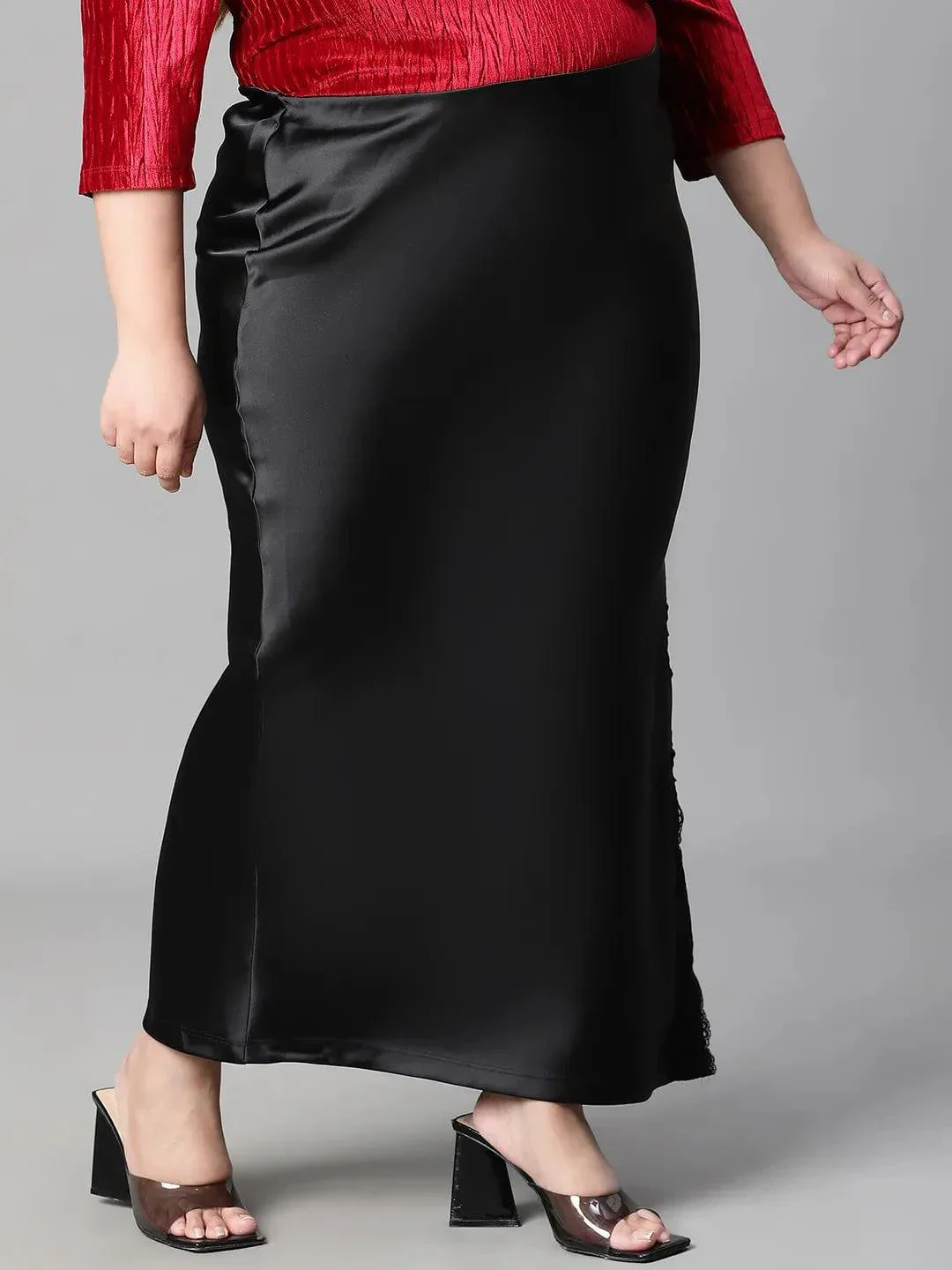 Heavy Black Elasticated With Slit Cut Plus Size Women Satin Skirt - Image 4