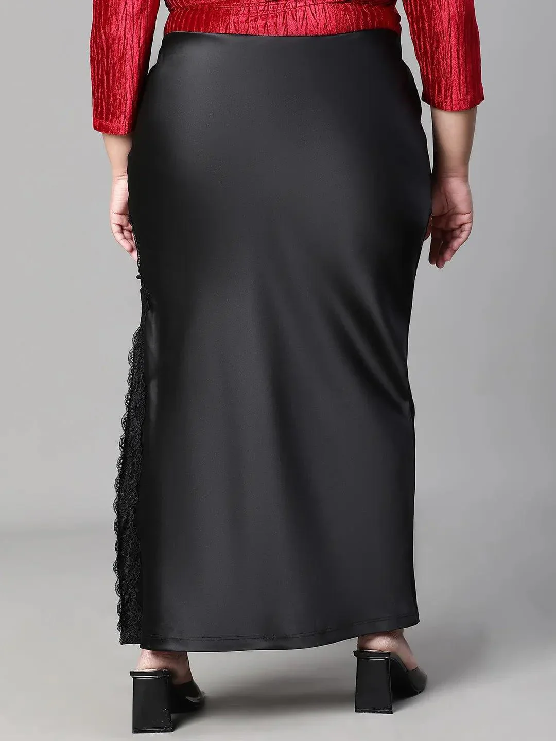 Heavy Black Elasticated With Slit Cut Plus Size Women Satin Skirt - Image 5