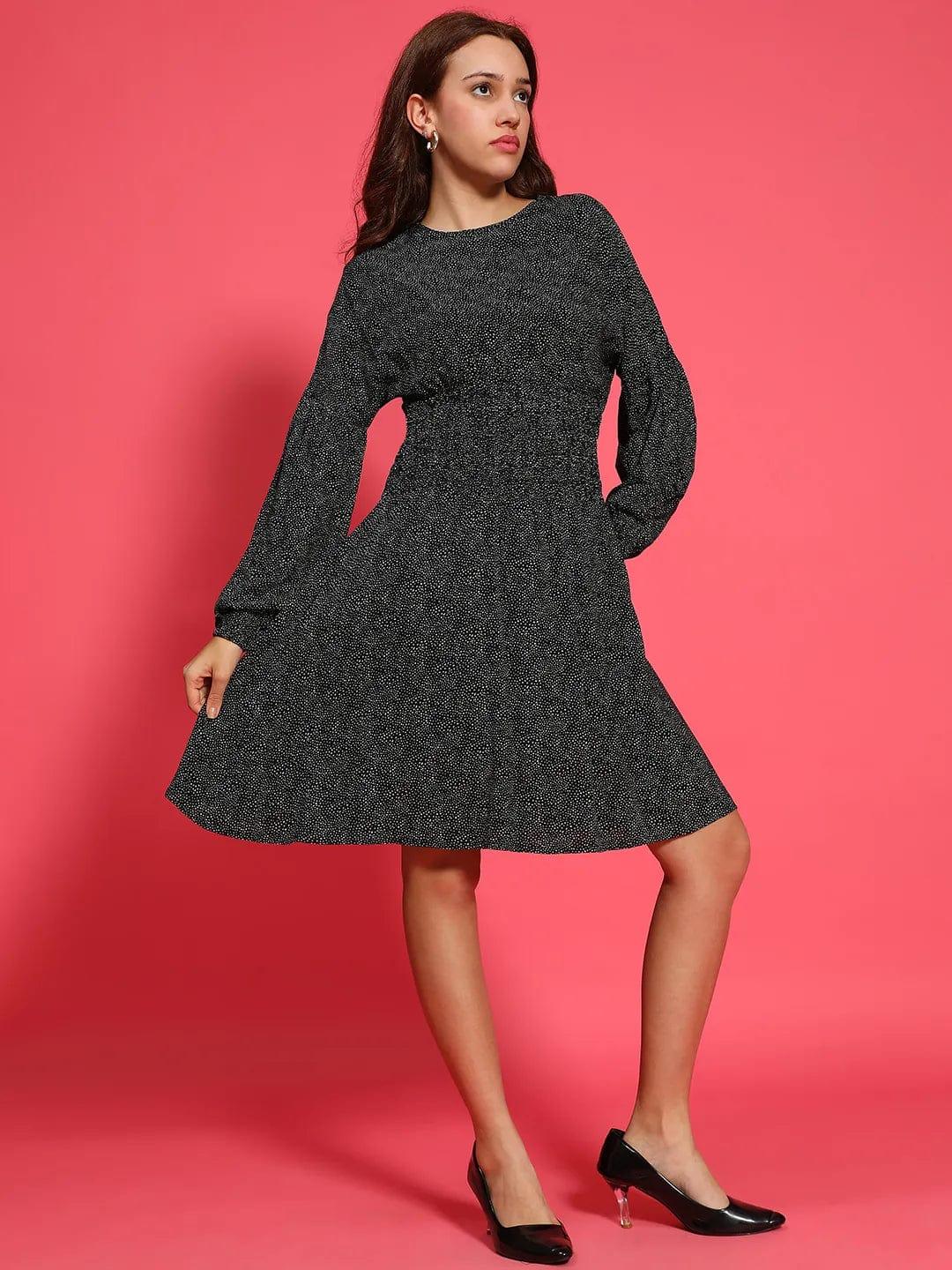 Hey Black Floral  Print Round Neck Long Sleeve Smocked Knee Length Women Dress - Image 2