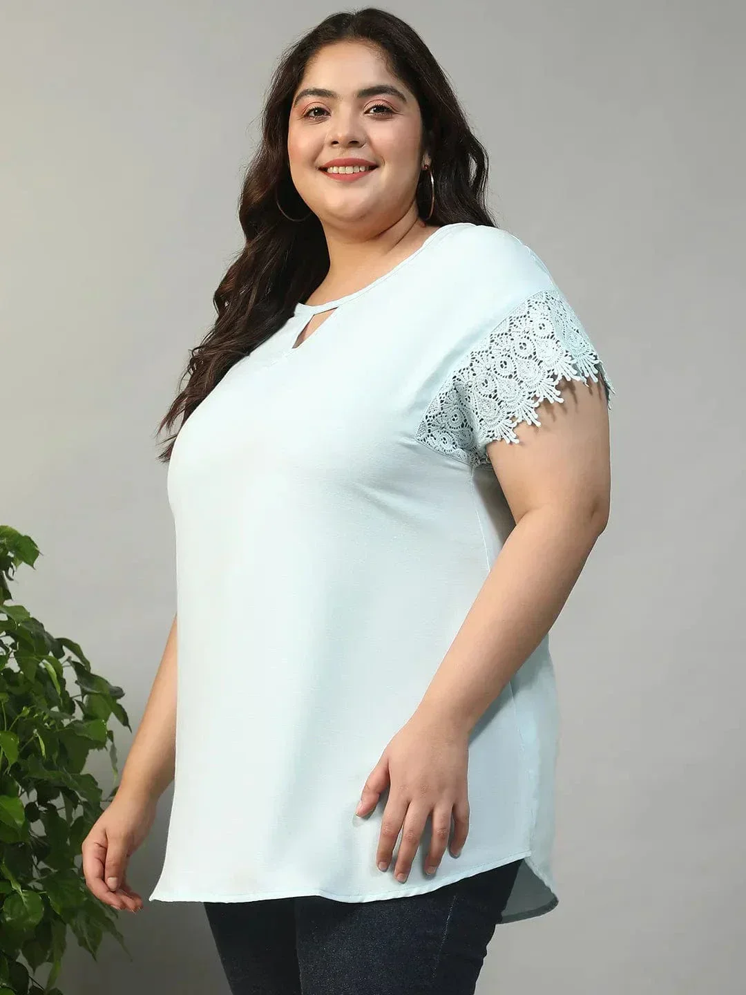 Hey Blue Key Hole Neck Short Lace Detail Sleeve Plus Size Women Top - Image 3