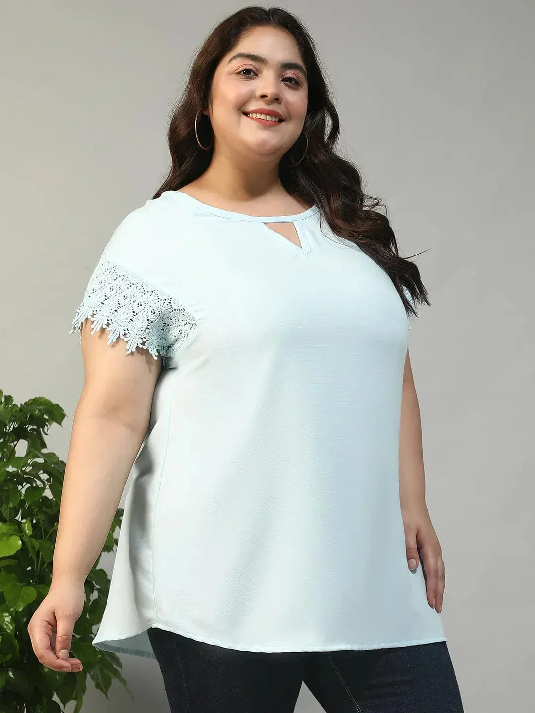 Hey Blue Key Hole Neck Short Lace Detail Sleeve Plus Size Women Top - Image 4
