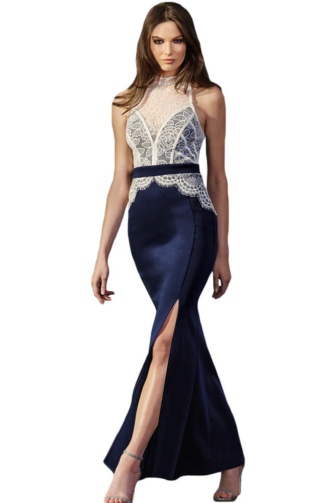 High Neck Lace Slit Maxi Dress - Image 2