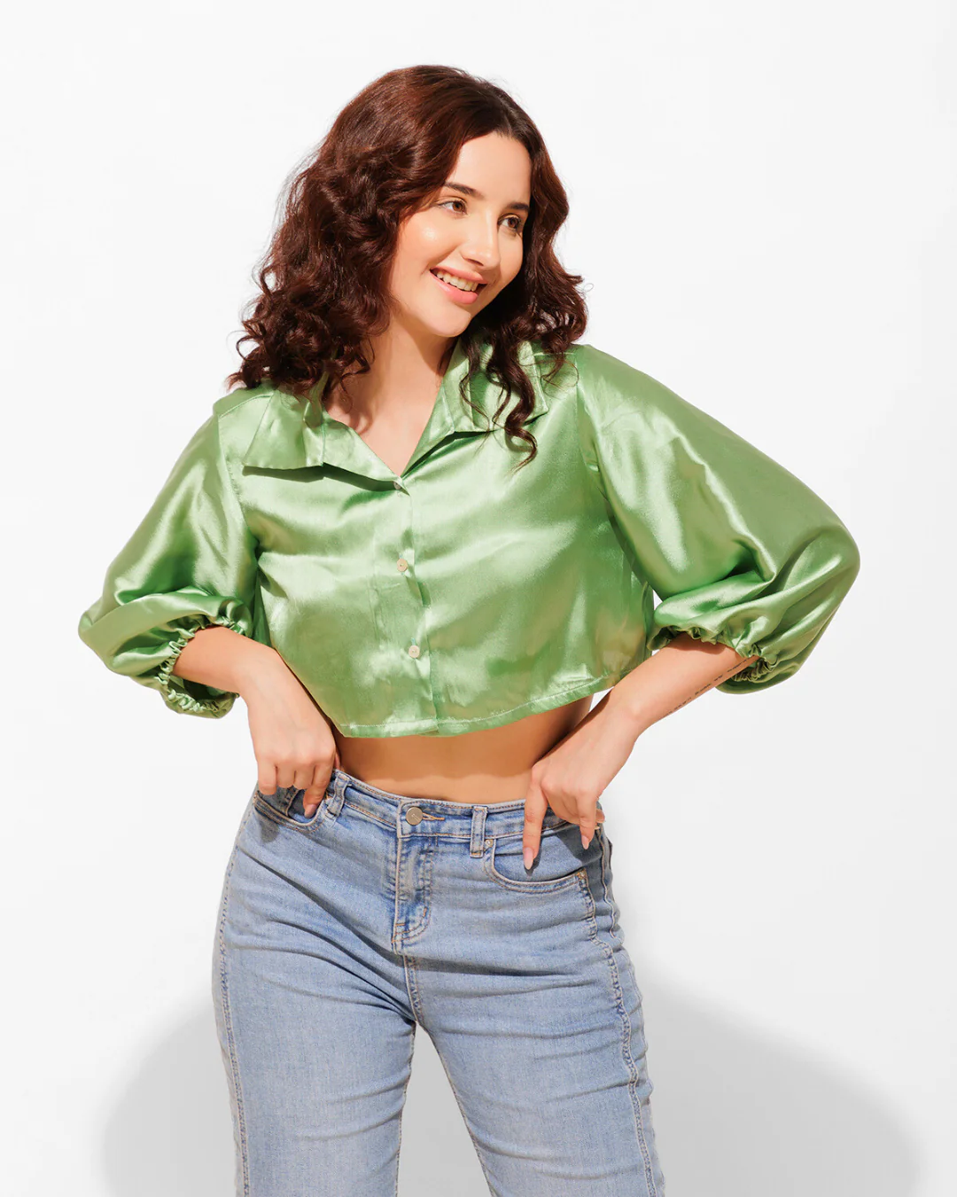 High-Shine Satin Cropped Shirt for Women - Image 21