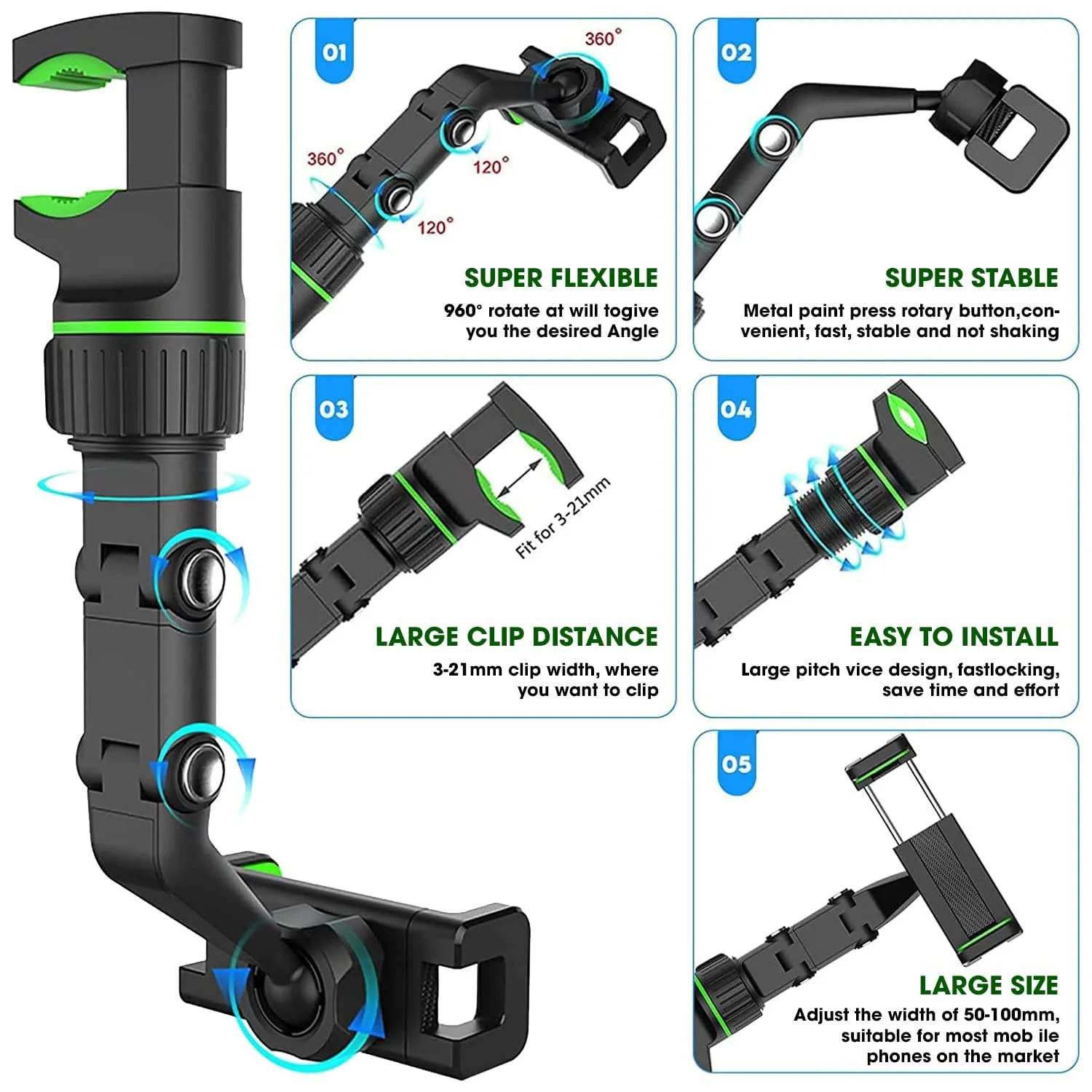 Holdit: Universal Multi-Joint Rearview Mirror Phone Holder, 360° Adjustable Car Mount for Car & Hands-Free Use - Image 3
