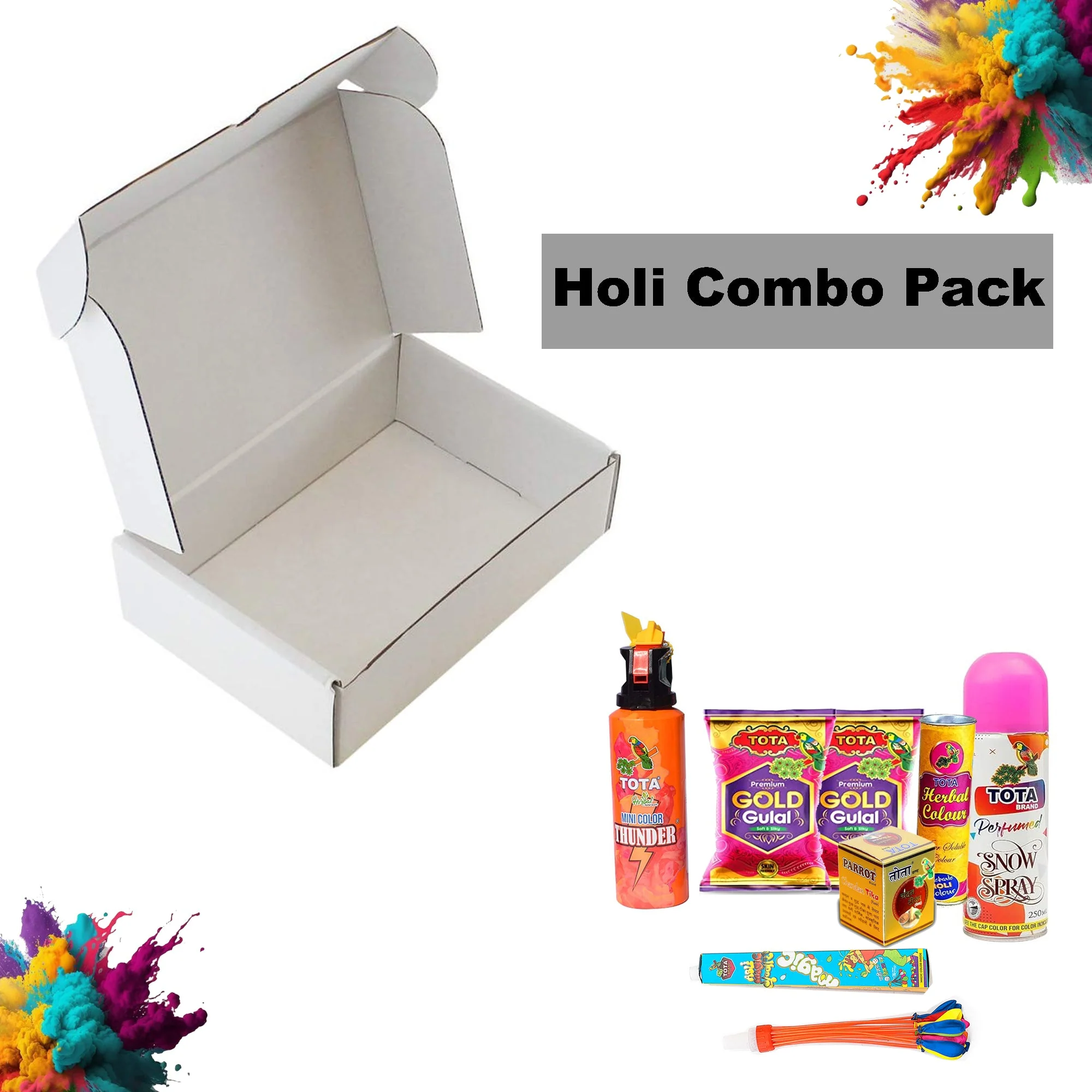 Holi Festival Combo Gift Pack with Gold Gulal, Thunder Spray, Snow Spray, Herbal Colour, Balloons - Image 2