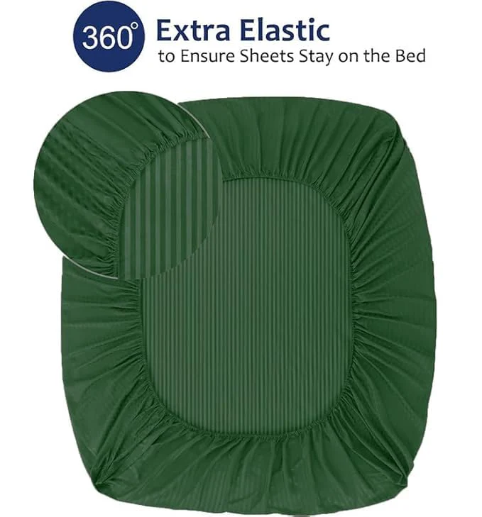 Homecrown Cotton Feel Striped Elastic Fitted Double Bedsheet with 2 Pillow Covers – 72x78 Inch – Dark Green - Image 3